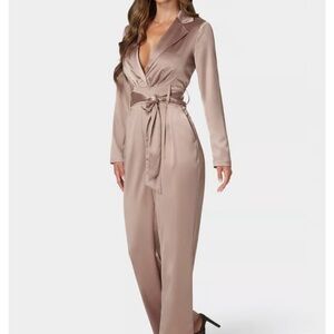Elegant Bebe Satin Blazer Jumpsuit in Tan (Cappuccino) Long Sleeves